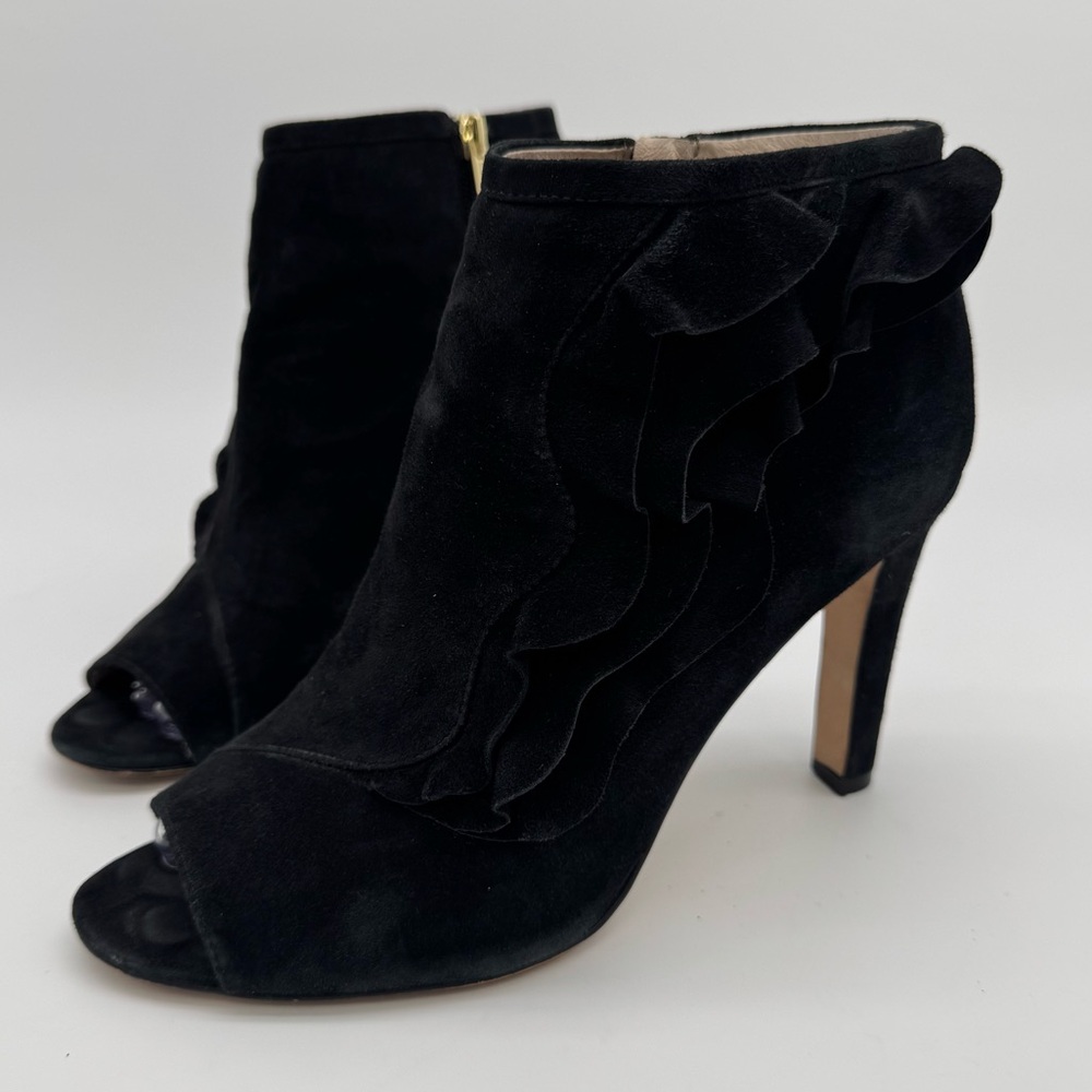 Louise et Cie Black Suede Leather Ruffle Open Toe Heel Bootie Size 10